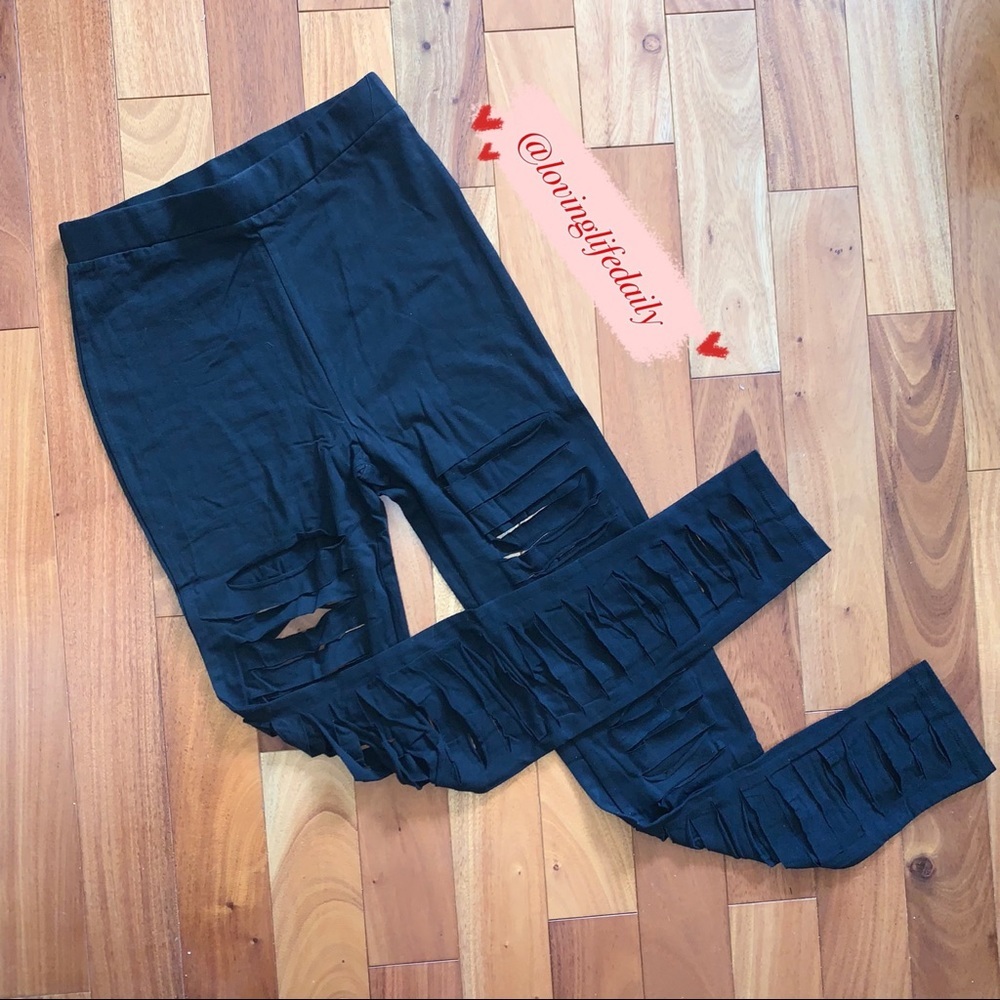 Nasty Gal High Waisted Shredded Black Leggings Ripped NWT - Picture 5 of 14
